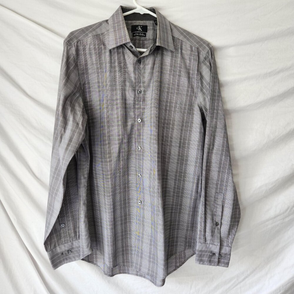 Calvin Klein Men’s Dress Shirt Slim Fit Non Iron Gray Button Up 15.5 34/35 - Picture 1 of 8